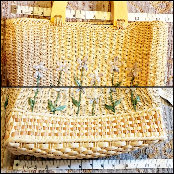 Cornhusk floral bag, wood handles, lined - Picture 11 of 16